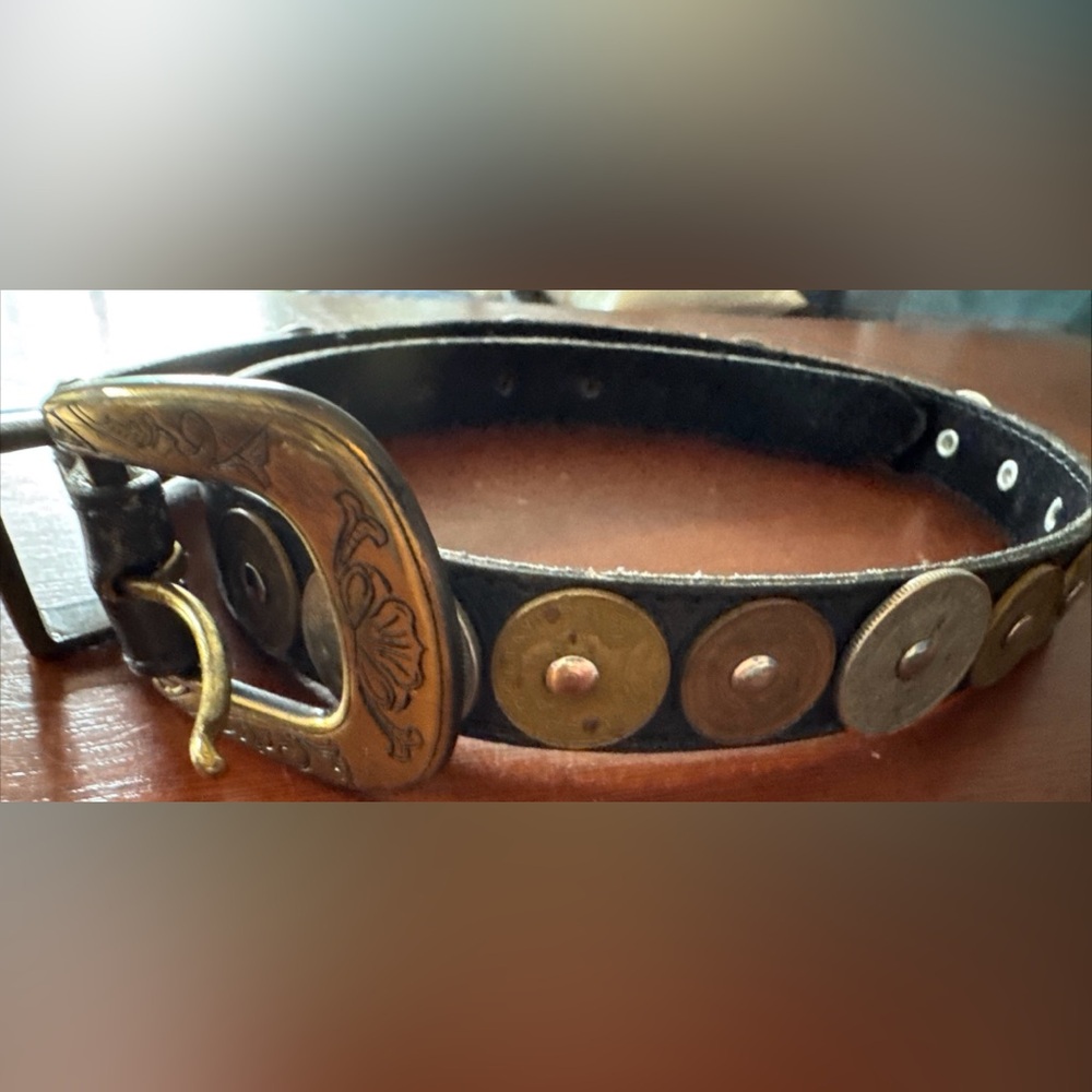 RARE~ Ginnie Johansen Mexican Coin Belt w/Brass Buckle Sz 25-32” -Black Leather
